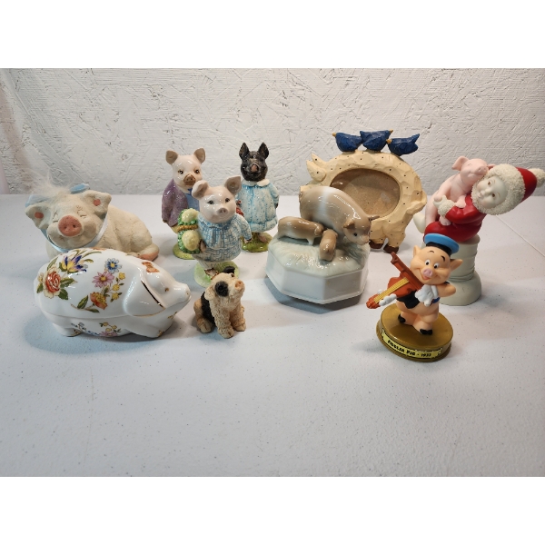Assortment of Pig Collectibles Including Working Musical Figurine, Frame, Fiddler Pig, & More!  
