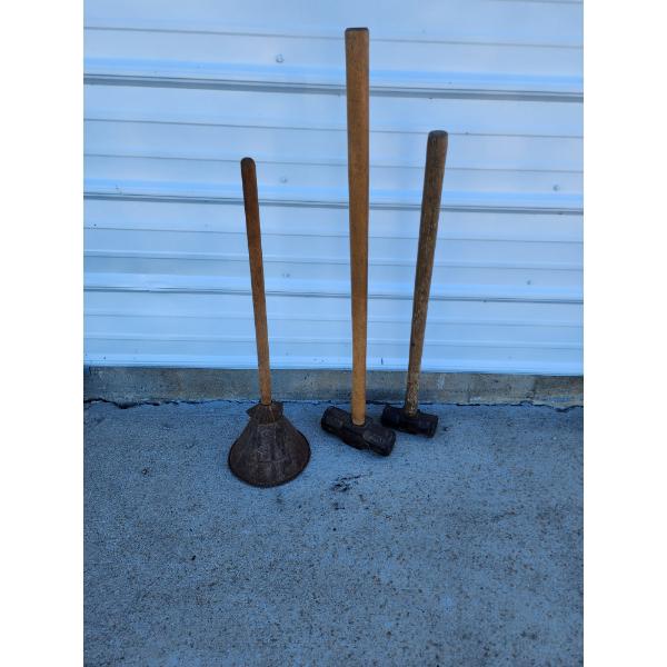 Antique Laundry Plunger and Two Sledgehammers