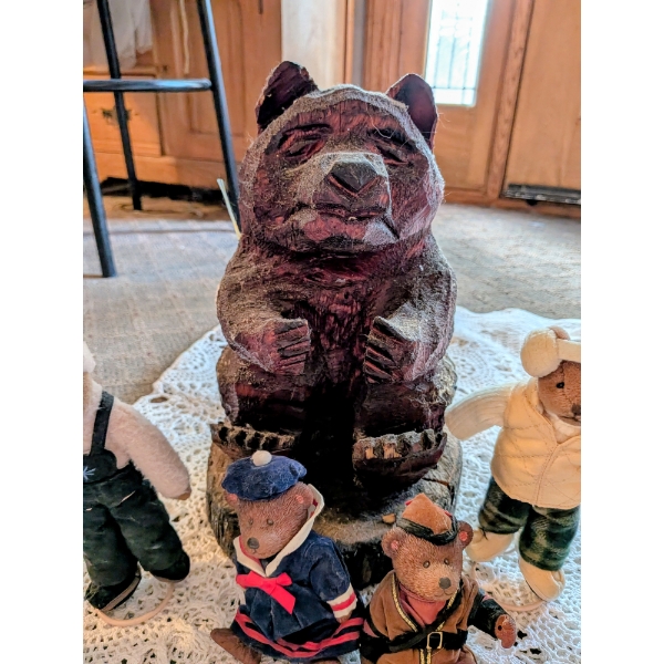 Carved Wood Bear, Felt Dolls, Lamp & More