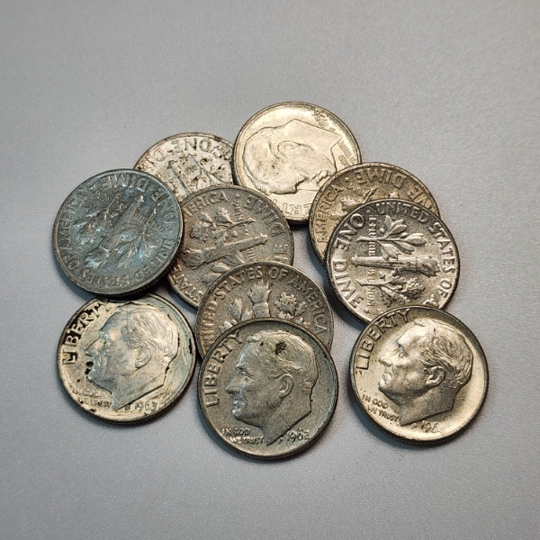 Lot of 10 Assorted Years United States 90% Silver Roosevelt Dimes - Face Value: $1.00