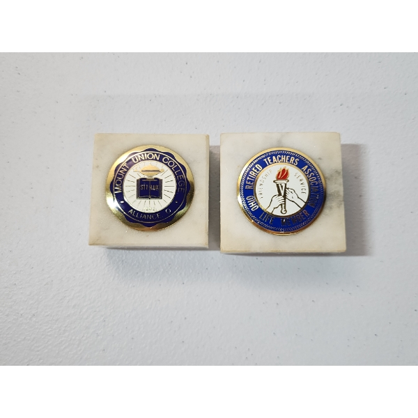 2 - Collectible Medallions On Marble Base: Mount Union College & Ohio Retired Teachers Association