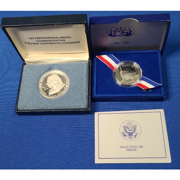 1974 Bicentennial Commemorative Sterling Silver Medal & 1986 U.S Mint Liberty Half Dollar Proof 