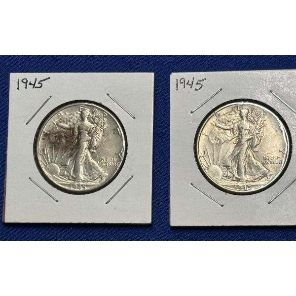 Two 1945 90% Silver Walking Liberty Half Dollars