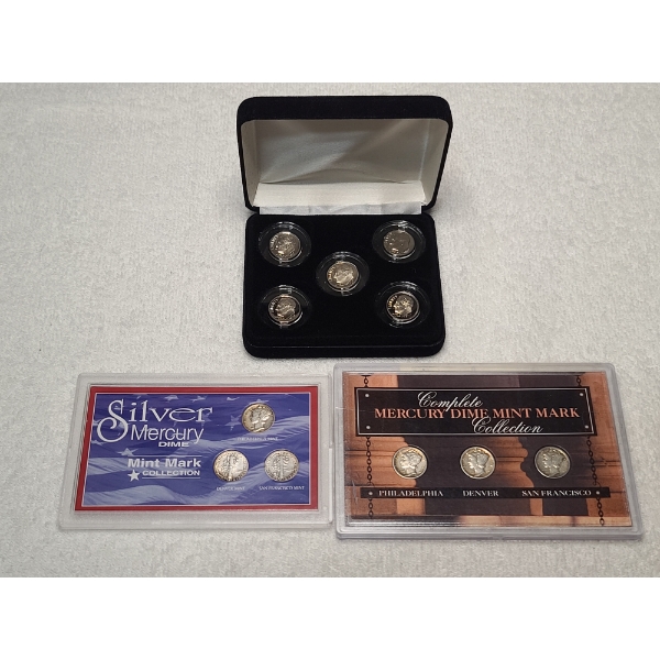 Three Asstd. Dimes Displays Including Mercury Dime Mint Mark Sets & Newer Roosevelt Dime Proof-Likes