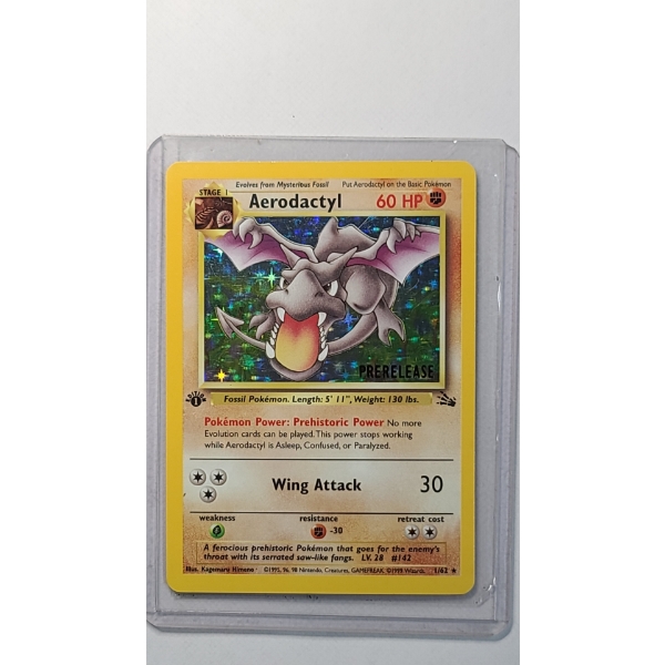 Pokémon TCG Aerodactyl 1/62 1st Edition Rare Prerelease Cosmos Holo Trading Card From The Fossil Set