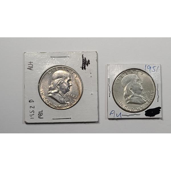 1951 & 1952-D 90% Silver Franklin Half Dollars - AU Condition