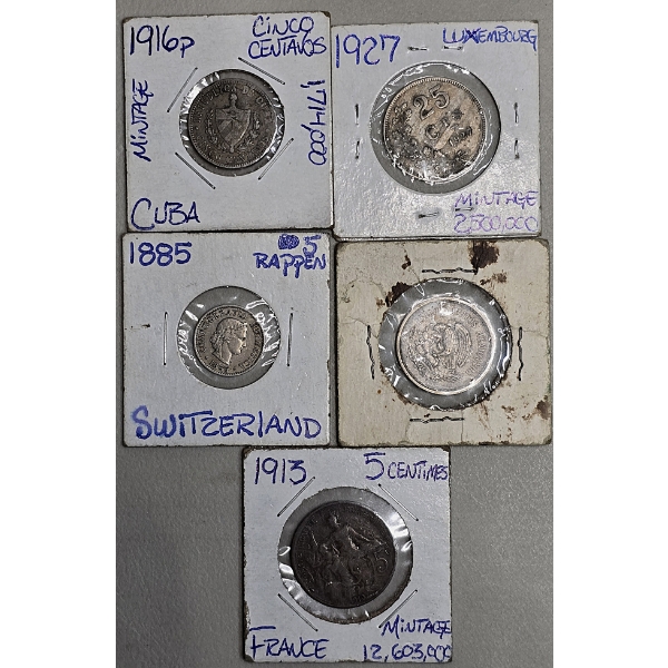 Lot of 5 Foreign Coins incl Cuba, Luxembourg, Switzerland, Mexico & France