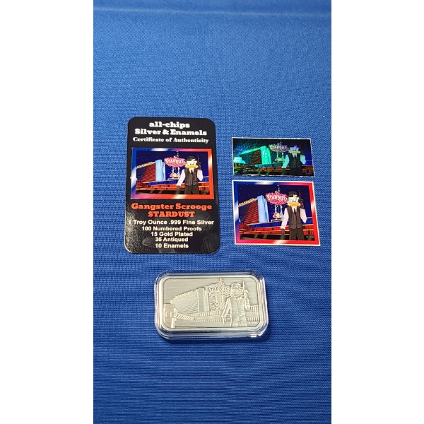 All-Chips 1 Troy Ounce .999 Fine Silver Bar With Antique Finish- Gangster Scrooge STARDUST