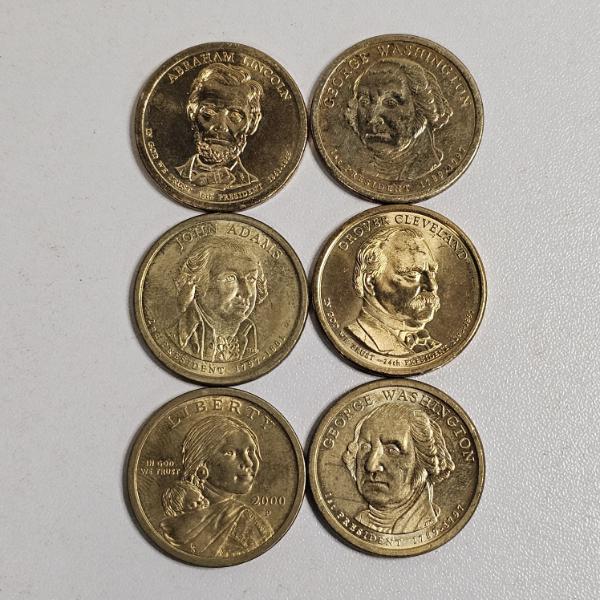 Five U.S. Presidential Dollar Coins and One Sacagawea Golden Dollar coin FV $6.00
