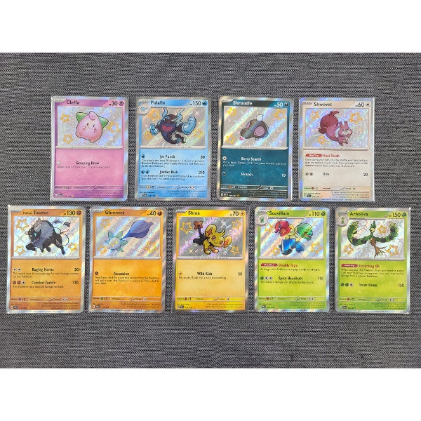 Lot of 9 Assorted Shiny Holo Rare Pokemon Trading Cards Including Skwovet & Paldean Tauros