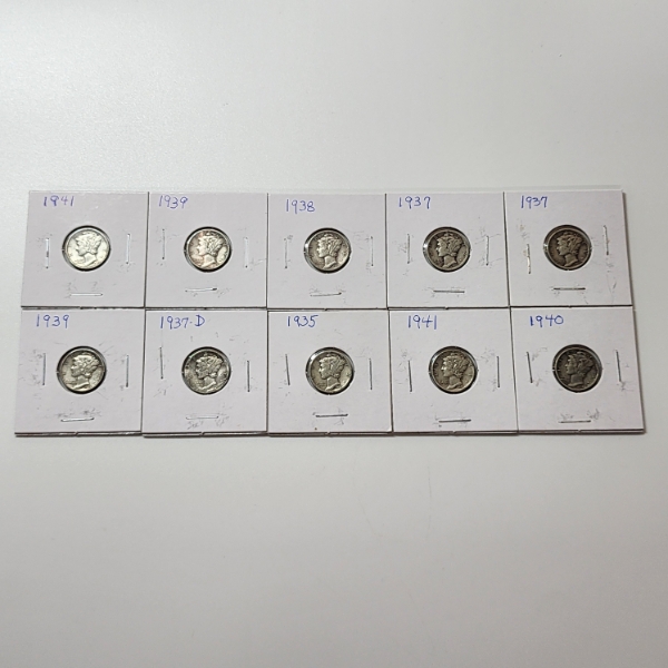 x10 Assorted Years United States 90% Silver Mercury Dimes - Face Value: $1.00