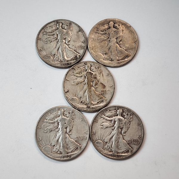 Five Assorted Years 90% Silver Walking Liberty Half Dollars - Face Value: $2.50