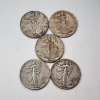 Image 1 : Five Assorted Years 90% Silver Walking Liberty Half Dollars - Face Value: $2.50