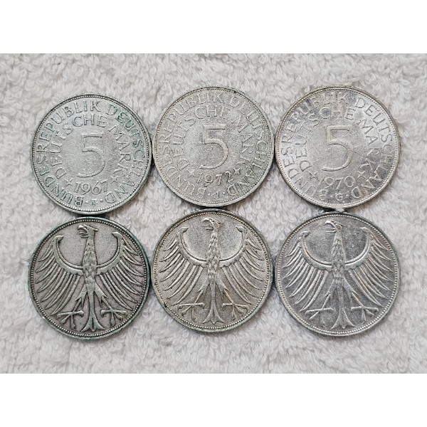 Assortment of 6 West German 5 Deutsche Mark Silver Coins ~ ABOUT 1.1 Oz OZ OF ACTUAL SILVER WEIGHT