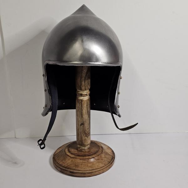 Open-Face Medieval Bascinet Helmet On Wooden Display Stand