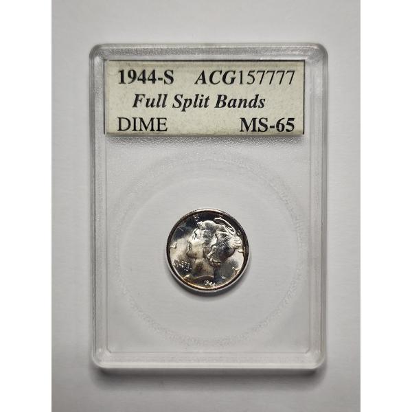 Accugrade MS-65 Graded 1944-S Mercury Silver Dime Featuring Full Split Bands - High-Quality Strike!