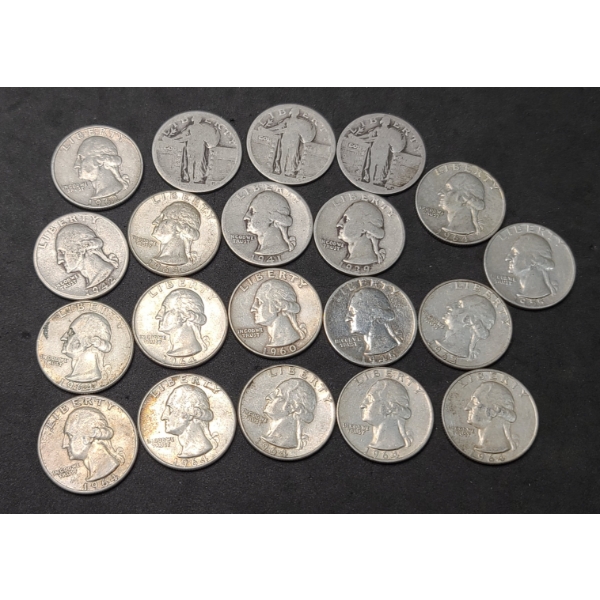 Assorted Years/Mints 90% Silver Standing Liberty & Washington Quarters - Face Value: $5.00