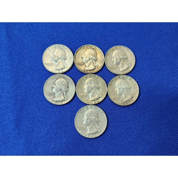 Lot of 7 Silver Washington Quarters x4 1964, x2 1963, x1 1947 - FV: $1.75