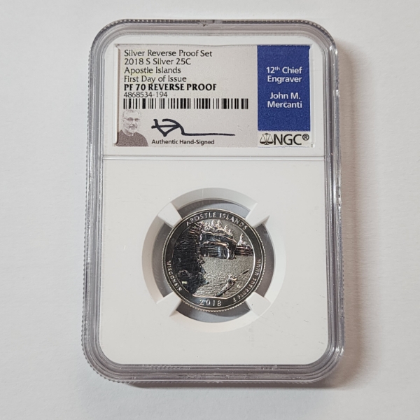 NGC PF70 Reverse Proof 2018-S Silver Apostle Islands FDOI Signed by Mercanti 