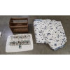Image 1 : Queen Quilt With Matching Pillow Shams, Wooden Magazine Rack, And Vintage Glasses Sets