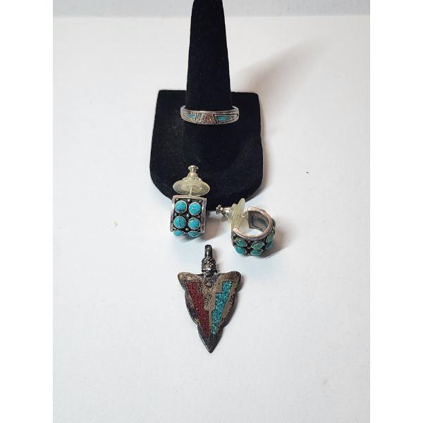 Native American Sterling Silver Ring, Earrings, and Arrowhead Pendant TW: 17.6g