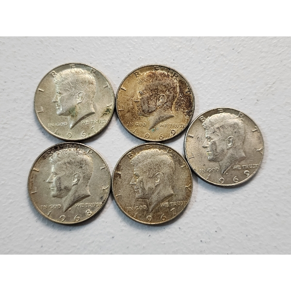 x5 Assorted Years 40% Silver Kennedy Half Dollars FV: $2.50