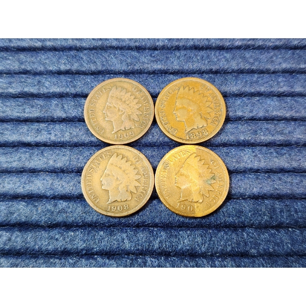 x4 United States Indian Head Cents: 1908, 1909, 1905, 1898