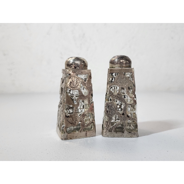 Sterling Silver Overlay Glass Vintage Salt & Pepper Shakers 