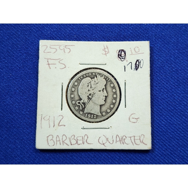 United States 1912 90% Silver Barber Quarter 