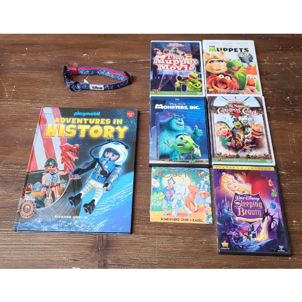 Assorted Disney DVDS, Disney Dog Collar, Bob & Tom CD & Playmobil Adventures In History Book