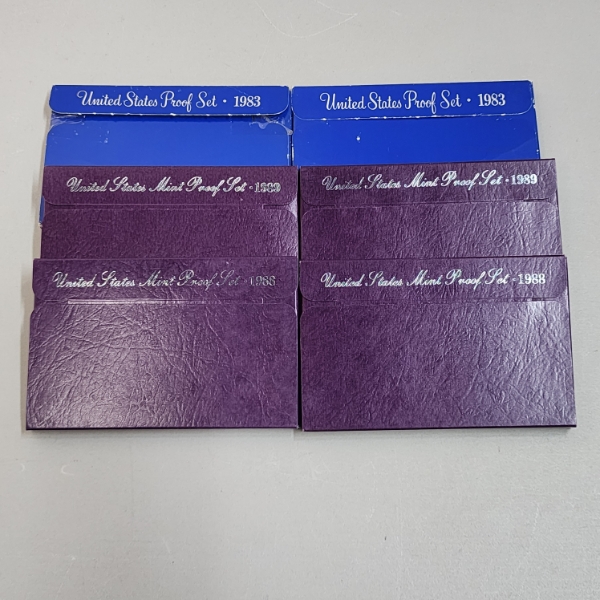 Six Assorted United States Mint Proof Sets: 1983, 1983, 1989, 1989, 1988, 1988