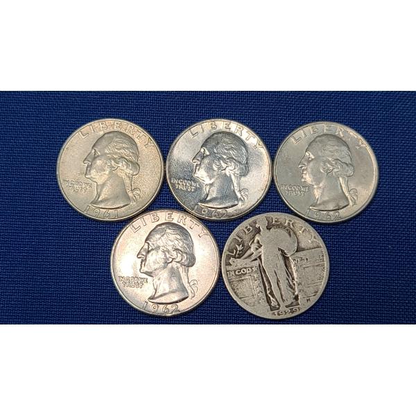 Assorted Years/Mint Marks 90% Silver Washington Head/Standing Liberty Quarters - Face Value: $1.25