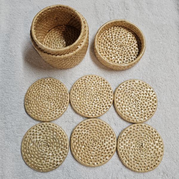 Lot of 6 Woven Rattan Coasters with Matching Cylindrical Storage Holder Box and Lid