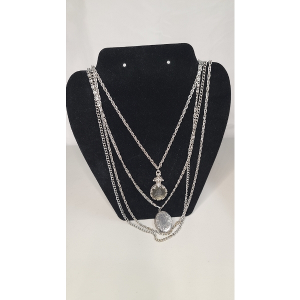 Goldette Multi-Strand Silver-Tone Necklace With A Locket & A Smokey Glass Cameo Pendant