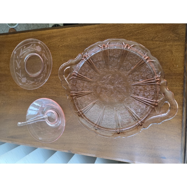 PICKUP IN CANTON - Pink Flamingo Colored Depression Glass Platter, Plate, And Gravy Server  