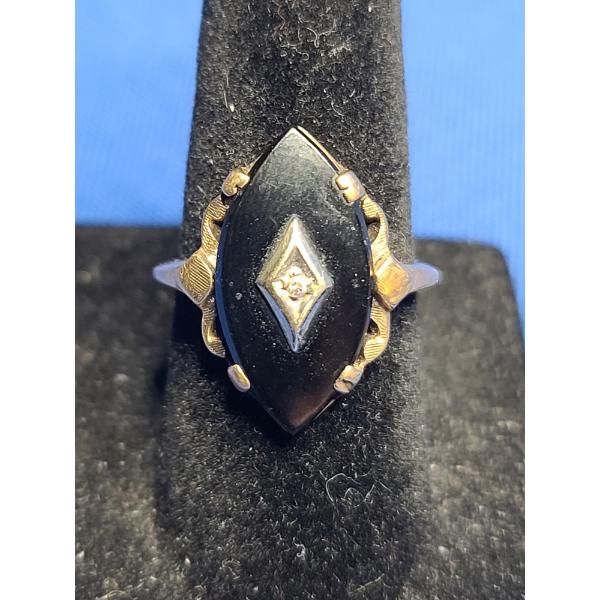 Vintage 10K Marquise-Cut Black Onyx And Diamond Ring - Size 6 - Weight: 3.1g