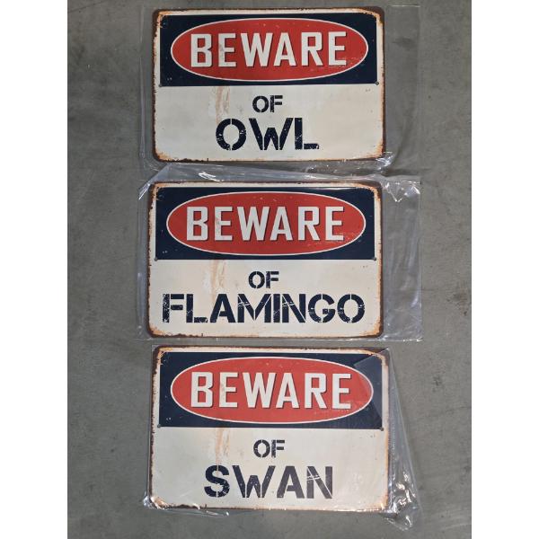 Three Brand New 12''x8'' Tin Decorative Beware Of Owl, Flamingo & Swan Design Signs
