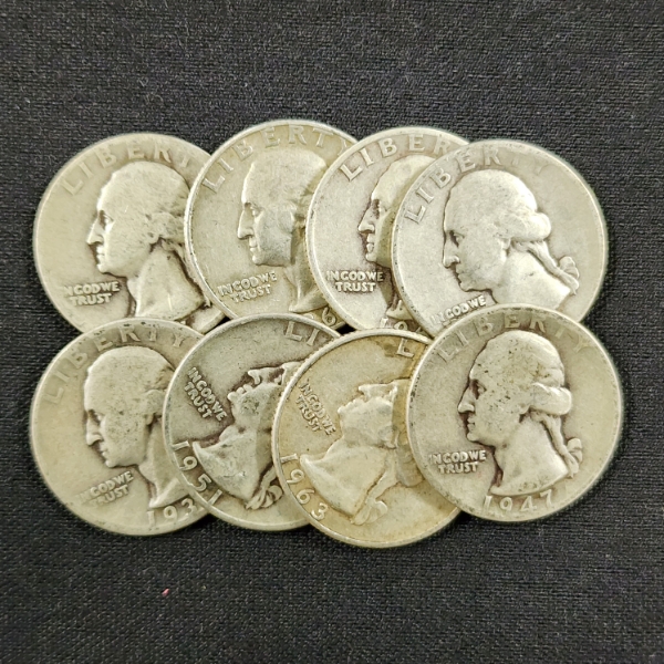 Eight Assorted 90% Silver United States Washington Quarters ~ $2.00 Face Value