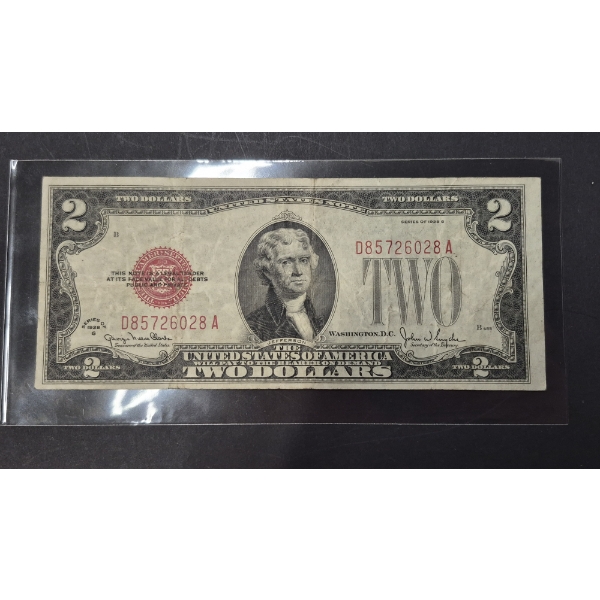 U.S. VINTAGE CURRENCY -  TWO DOLLAR RED SEAL 1928-G UNITED STATES NOTE - VF / XF  CONDITION