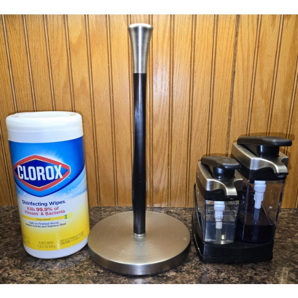 Double Soap Dispenser, Clorox Wipes and Paper Towel Holder