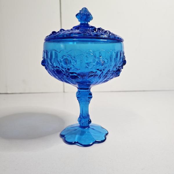 Vintage Fenton Glass Colonial Blue Lidded Compote