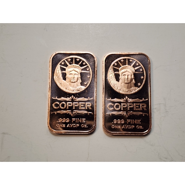 (2) 1 AVDP ounce .999 Fine Copper Bars ft. Statue of Liberty Design - 2 oz Total 
