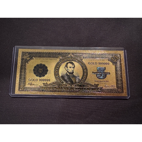 Abraham Lincoln $5.00 Gold Foil .999 - 24K Note In Protective Holder - Mint Condition