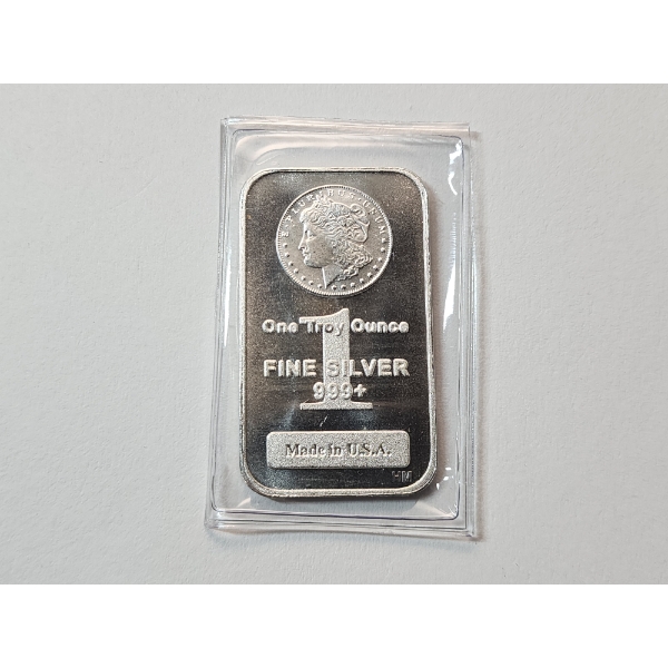 One Troy Ounce .999 Fine Silver Bar Featuring Morgan Dollar Design
