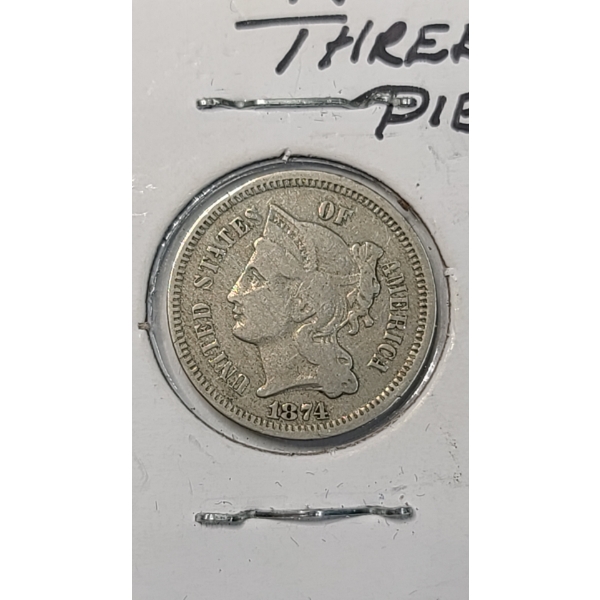 United States 1874 Three Cent Nickel - Very Fine Condition