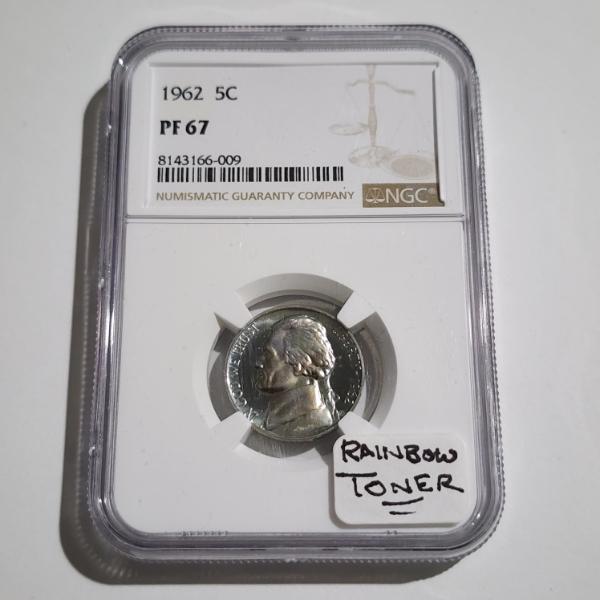 NGC PF67 United States 1962 Proof Jefferson Nickel With Incredible Rainbow Toning On Both Sides!
