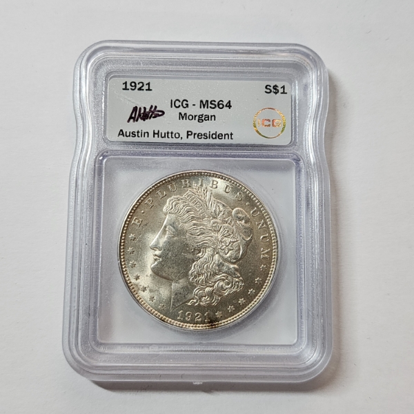 ICG Graded MS64 United States 1921 90% Silver Morgan Dollar Signed by Austin Hutto