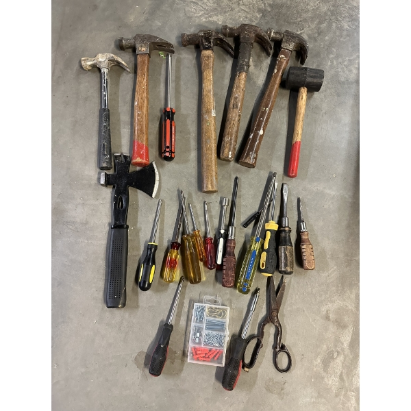 Lot of Assorted Tools including Hammers, Screwdrivers, and Hatchet