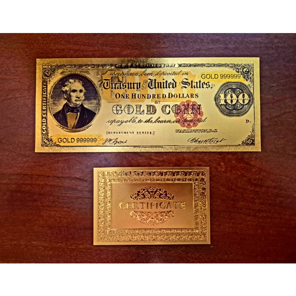 Pure 24k .999 Gold Foil United States 1922 "$100 GOLD COIN" Large Note - in Pure Gold w COA