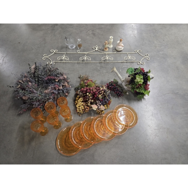 Home Items Including Metal 56'' Plate Display Rack, Orange Plastic Service For 6, Eucalyptus 23'' Wr